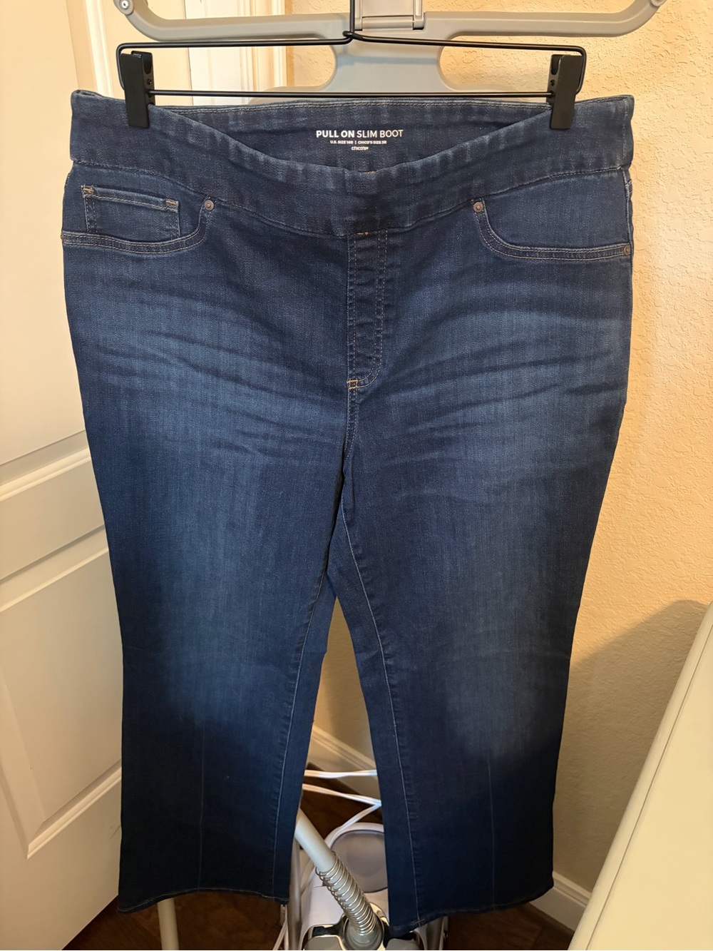 Chico's Pull-On Slim Boot Jeans in Dark Blue Wash